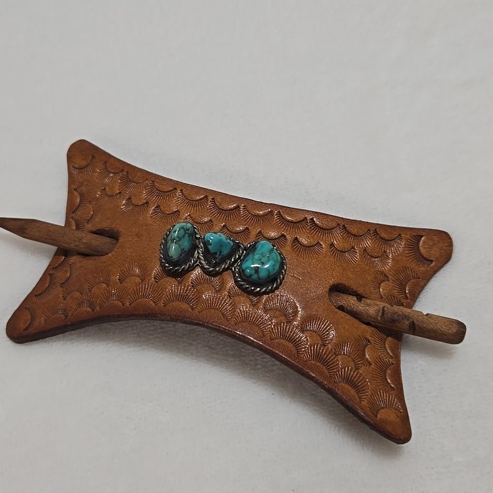 Leather Hair Barrette with Turquoise Stones